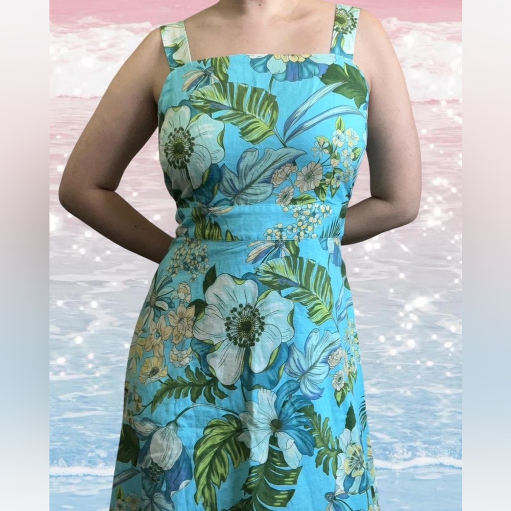 TALBOTS Linen Midi Dress Tropical Botanical Print Linen Cotton Size 8 - Picture 2 of 7
